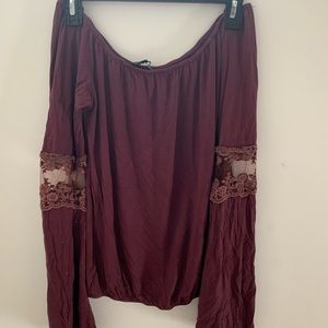 POL Burgundy Soft Elastic Off Shoulder Top Lace